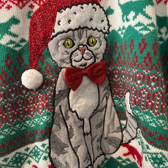 Ugly Christmas Sweater Size Large Gray Cat Front And Back - Picture 1 of 6